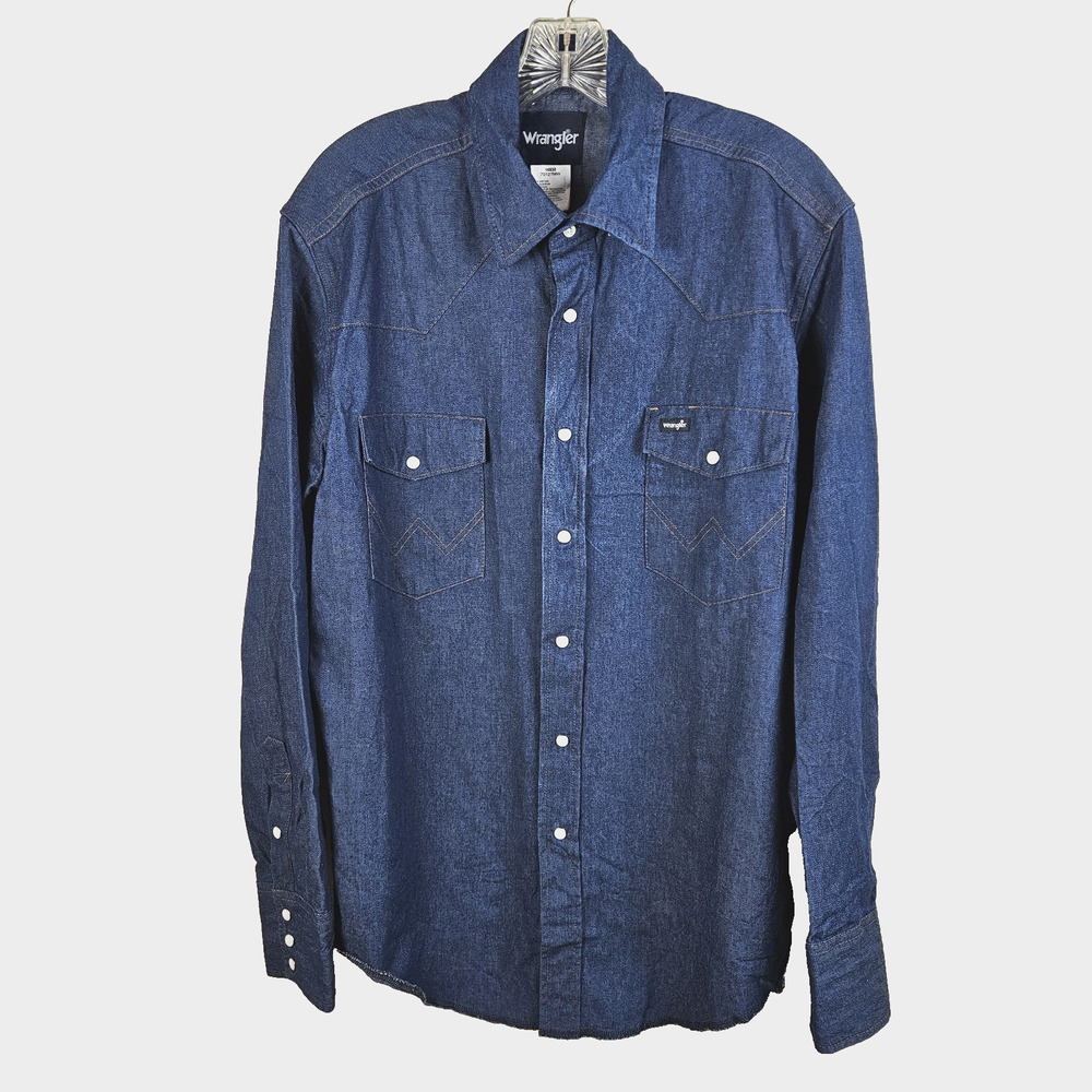 Vintage Wrangler Denim Shirt Mens Size 16 -35 Pearl Snap Western Cowboy Jean